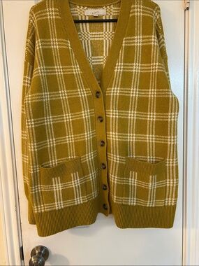 LOFT Mustard and White Plaid Button-Up Cardigan